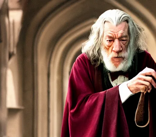 Prompt: film still of Ian McKellen as Albus Dumbledore in Harry Potter movie