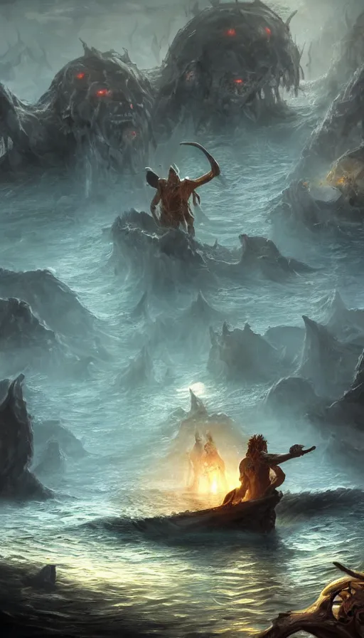 Image similar to man on boat crossing a body of water in hell with creatures in the water, sea of souls, by blizzard concept artists