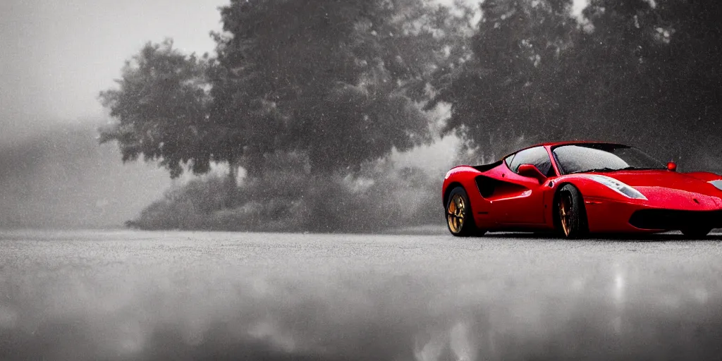 Prompt: parked red Ferrari sports car, fog, rain, volumetric lighting, beautiful, golden hour, sharp focus, highly detailed, cgsociety