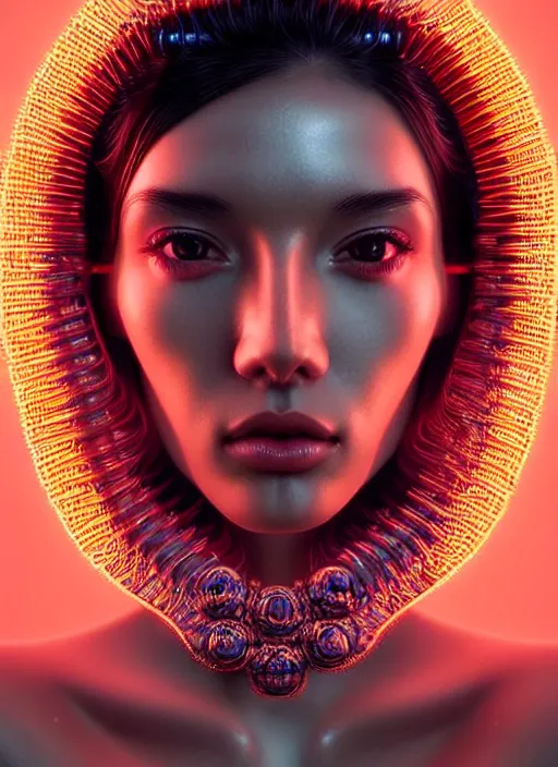 Prompt: a highly detailed long shot photo of very intricate female face portrait, futurism, rococo cyber neon lighting, detailed futuristic fibonacci jewelry, profile posing, hyper photorealistic, crispy quality, digital photography, trending in pinterest, cinematic, 4 k ultra hd, art by pascal blanche, art by greg rutkowski, art by artgerm,