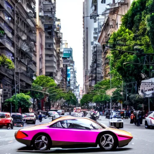 Image similar to Buenos Aires Argentina, futuristic cars in the street, holograms in the street, detailed, hd