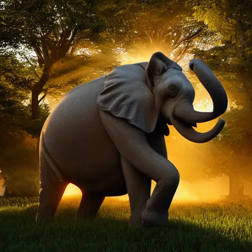 Image similar to a hyperrealistic photograph 3D octane render of a large cat riding on an elephant in central park new york, trending on artstation, 4K, dramatic lighting, glowing, volumetric lighting, ray tracing, unreal engine