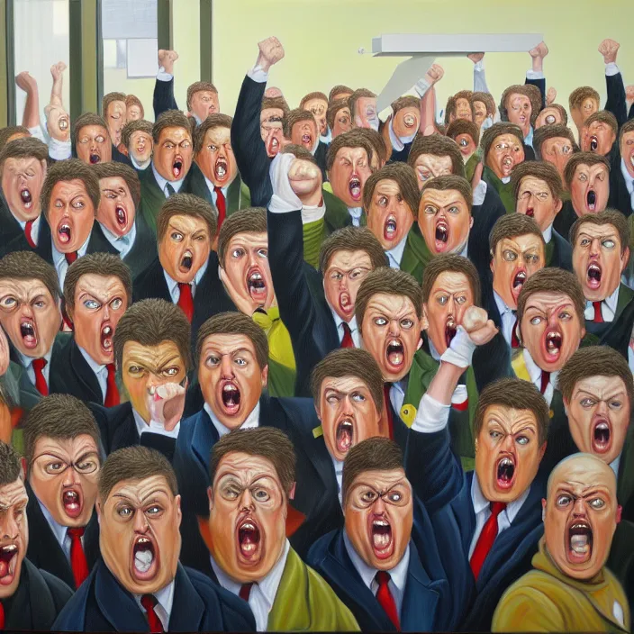 Image similar to an army of angry karens storm the manager's office, photorealism, oil on canvas, comedy, dramatic