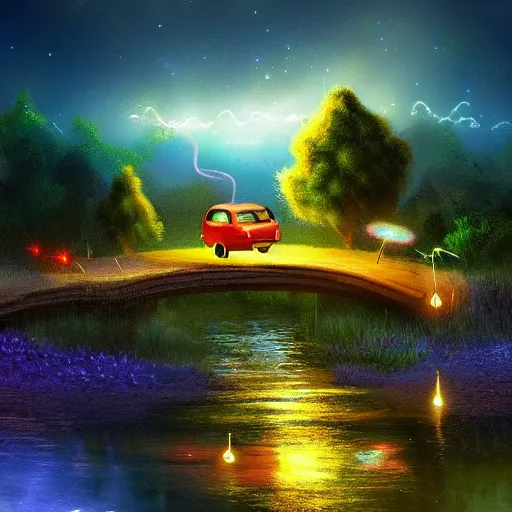 Image similar to a beautiful landscape at night, magical lights, fireflies, a sense of wonder, water reflections, glowing magical clouds, digital art, pixar concept art