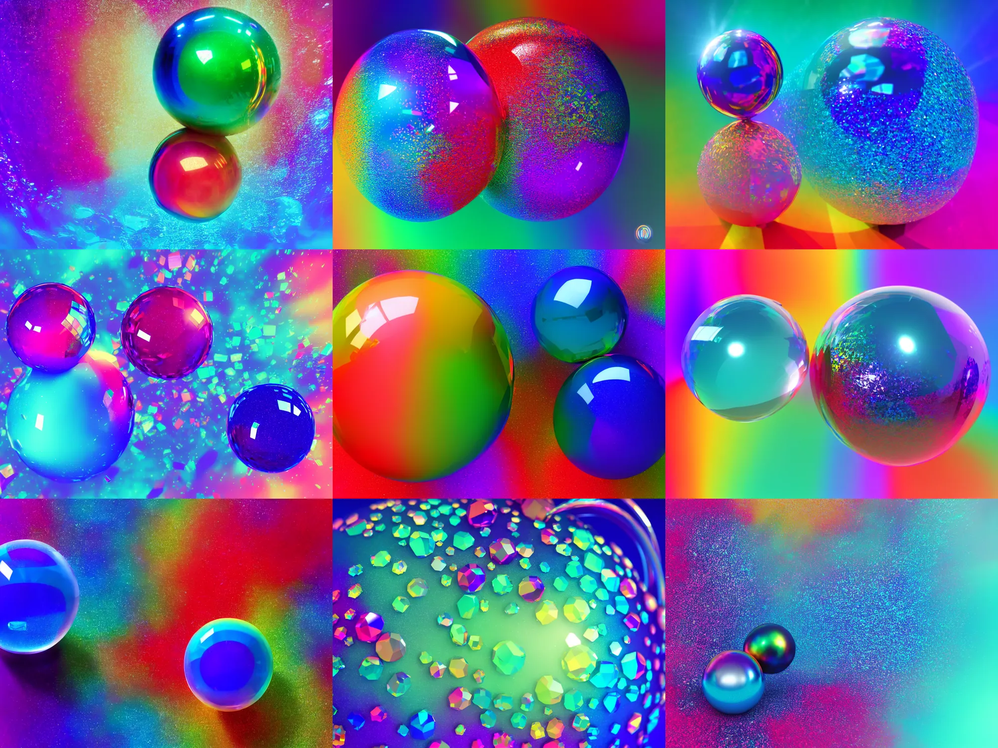 Prompt: sphere underwater + colorful rainbow sphere with sharp iridescent crystals around it, 4 k, award winning, photorealistic, sharp crisp light reflections, rule of thirds, octane render, volumetric lighting