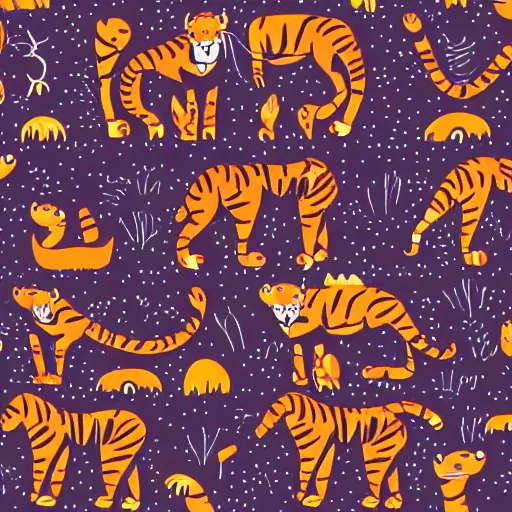 Image similar to tiger in the forest children drawing stripes orange sky palm tres sharp claws and teeth in geometric illustration style