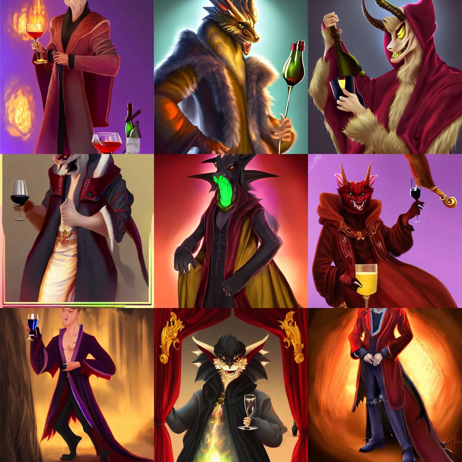 Prompt: handsome young male anthro dragon, evil grin, glowing eyes, wearing a luxurious velvet robe, holding a glass of wine, commission on furaffinity, artstation, high quality highly detailed digital art