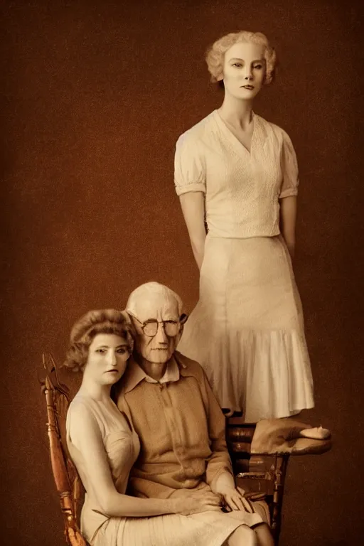 Image similar to a beautiful ultradetailed fine art old vintage couples portrait photo of two people sitting on a chair and standing, by tom bagshaw and zach sutton, couples portrait, vignette, 35mm lens, golden ratio composition, studio photography, very detailed, humanoids, artstation, 8k, highly coherent