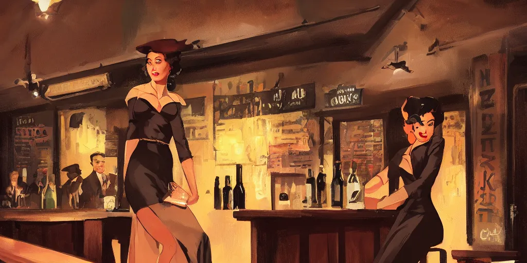 Image similar to a powerful woman is at the bar of a 4 0 s jazz club, warm color palette, night time, dramatic lighting, noir film, character sheet, fine details, high contrast, blacksad, kim jung gi, greg rutkowski, trending on artstation, 8 k, front view, back view, ultra wide angle