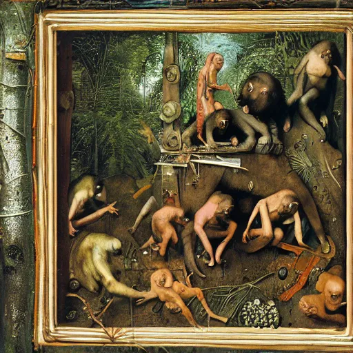 Prompt: colorful chimpanzees playing in a primordial jungle around a tall metal rectangle structure, by hieronymus bosch, joel peter witkin, annie liebovitz, gustave dore, highly detailed, photo realistic, 8 k