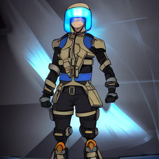 Image similar to a futuristic soldier captain with a metal visor and a blue shoulderpad in anime style