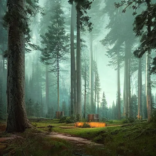 Image similar to mysterious perpetual energy facility, glowing, woods and wilderness, Ivan Shishkin and Greg Rutkowski