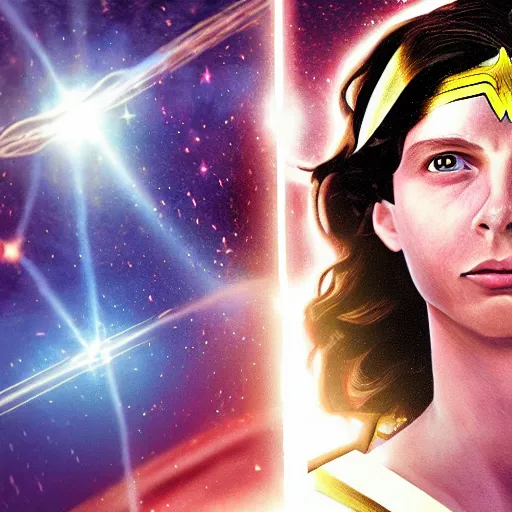 Image similar to photorealistic art of Michael Cera as Wonderwoman, dynamic lighting, space atmosphere, hyperrealism, stunning visuals