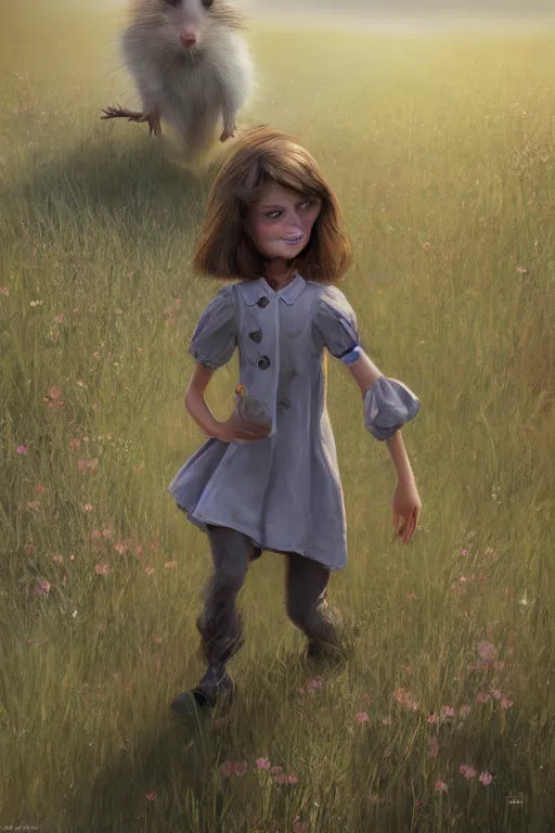 Image similar to a cute anthropomorphic rat girl wearing human clothes walking in a meadow, by craig mullins, detailed digital painting realism 8 k