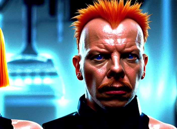 Prompt: still photo from the movie the fifth element, gary oldman, asymmetrical haircut, far future, highly detailed, trending on artstation, intricate, cinematic composition, by rutkowski