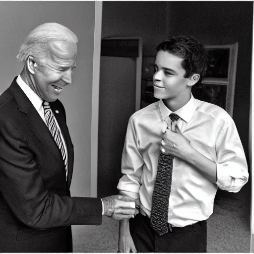 Image similar to A photo of joe biden teams up with a teenage joe biden, perfect faces, 50 mm, award winning photography