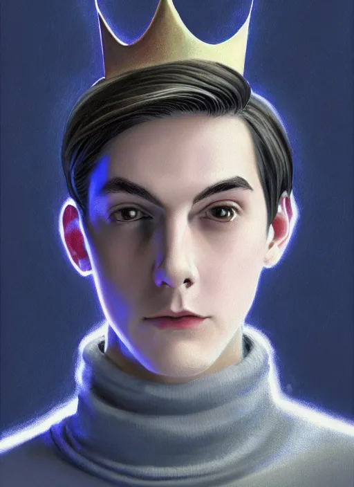 Image similar to portrait of teenage jughead jones wearing a light grey crown, crown, blue turtleneck, 1 9 5 0 s, closed eyes, photorealistic, black hair, glowing lighting, intricate, elegant, glowing lights, highly detailed, digital painting, artstation, concept art, smooth, sharp focus, illustration, art by wlop, mars ravelo and greg rutkowski