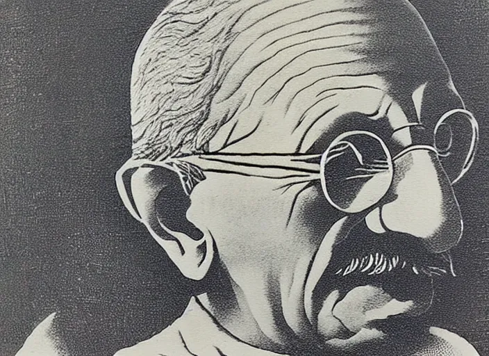 Prompt: a beautiful wood engraving on paper of gandhi