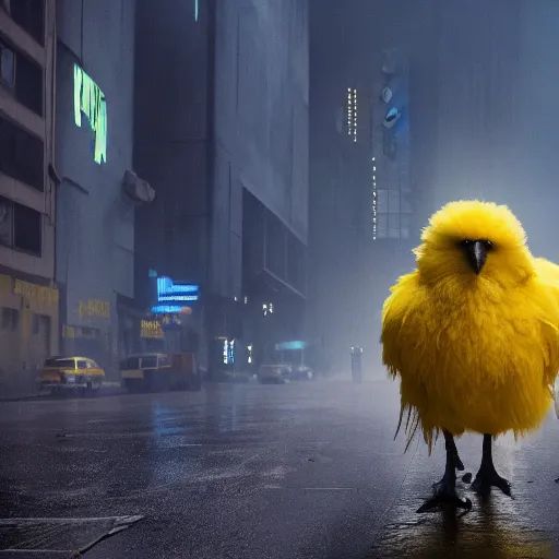 Image similar to A film still of yellow-feathered Big Bird from the movie Blade Runner 2049 (2017), 8K image