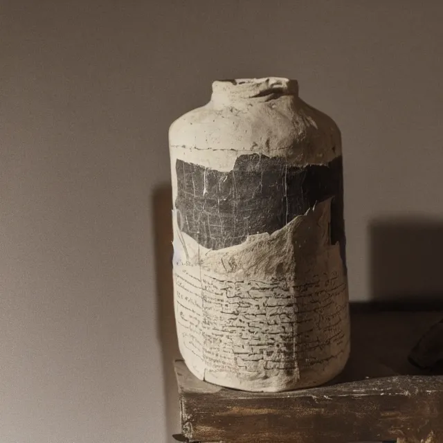 Image similar to a photo of a museum display showing a cylindrical clay jar, holding a dead sea scroll with nabeatean writing, dark, brooding, atmospheric, volume lighting