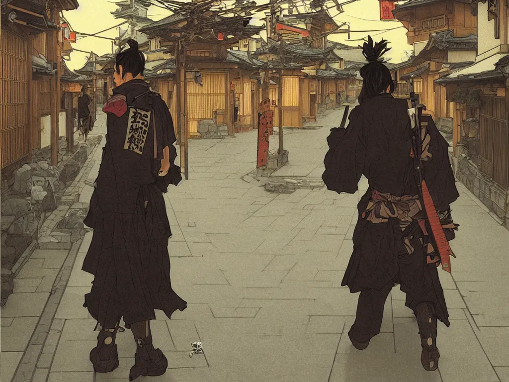 Image similar to a wandering samurai in full armor walking in the streets of a japanese village, dusk, by fiona staples, range murata, alphonse mucha