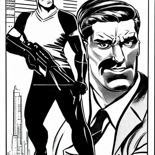 Image similar to comic book spy hunter video game illustration black and white