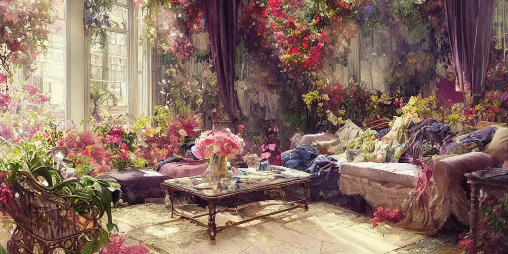 Prompt: a beautifull intricate watercolor painting of a livingroom with flowers, reflexions, verry high details, colorfull, by william turner art, by greg rutkowski, by alphonse mucha, by james jean, by rossdraws, by frank franzzeta, by sakimichan, trending on artstation, very very detailed, masterpiece,