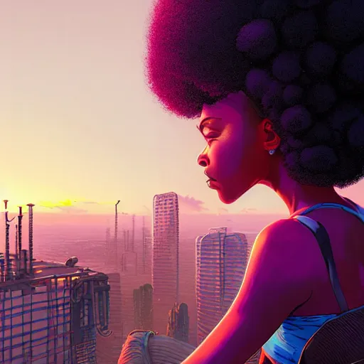 Prompt: a black girl with afro puffs sitting on top of a skyscraper in the cyberpunk city at sunset, by greg rutkowski and android jones and Alena Aenami, oil on canvas, vibrant color scheme 8k