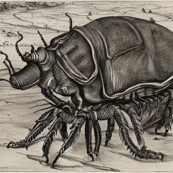 Prompt: a detailed, intricate drawing of a rhinoceros beetle rhinceros on a beach, by albrecht durer