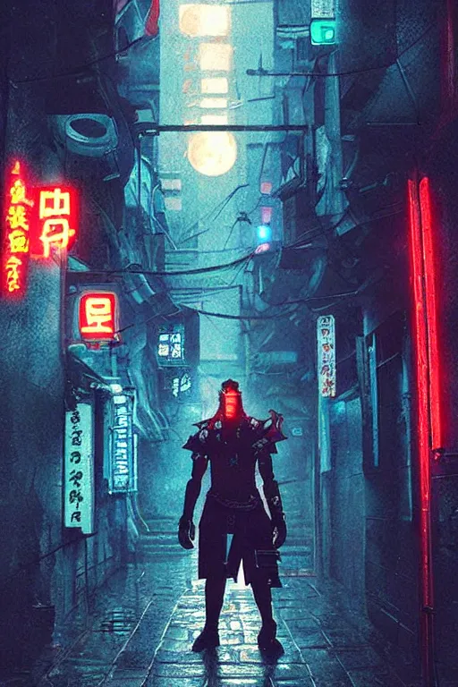 Image similar to a cyberpunk samurai in a raining cobblestone alleyway in tokyo, neon lights, full moon, fog cinematic greg rutkowski