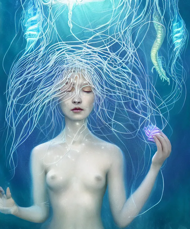 Image similar to underwater portrait of a goddess mermaid with (reaction diffusion) scaled fish skin Bioluminescent phoenix jellyfish, energy rays, Her breath shot a haze of steam out into the frosty morning air concept, soft light, soft mood, realistic body features and face, illustration,intricate ornament halo, painting oil on canvas by Elena Zhurikhina and Goro Fujita and Charlie Bowater, octane render trending on artstation, 4k, 8k, HD