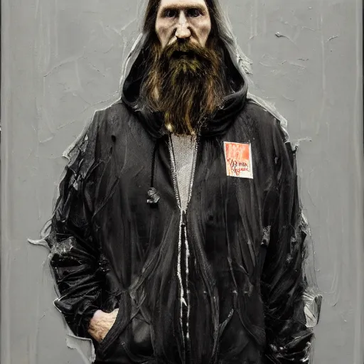 Image similar to a portrait of modern day grigori rasputin wearing hypebeast streetwear hoodie and pants by nicola samori, oil painting, realistic, 8 k, fear of god style