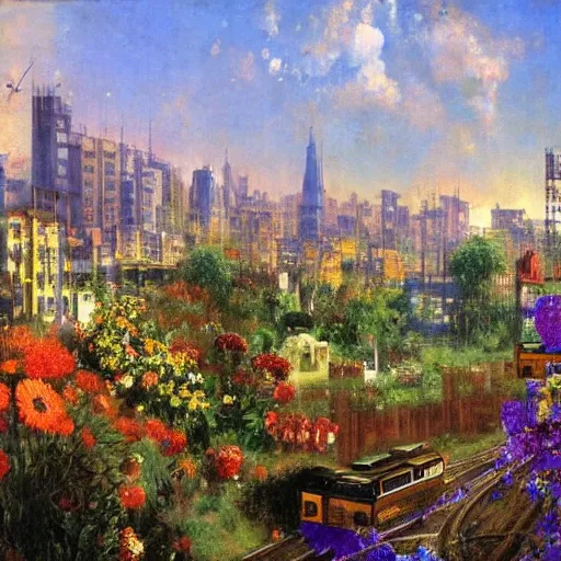 Prompt: a very beautiful eco - friendly environmental future!!! city cityscape, ( flying cars ) and elevated!! trains and solar power, lots of plants and flowers, sunrise, style of olidon redon