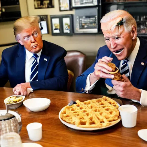 Image similar to photograph of trump and Biden sitting and eating breakfast at a Wafflehouse