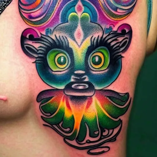 Image similar to shoulder tattoo of a meditating cute bush baby, eyes are sparkeling rainbow spirals, glowing multicolored chakra symbols, surrounded with colorful lotus leaves, insanely integrate