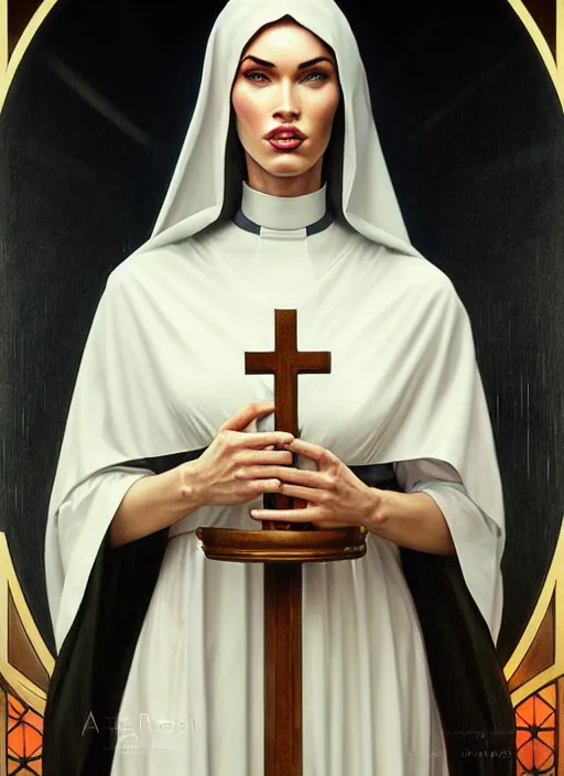 Image similar to portrait of megan fox as a nun, catholic, church, bible, christian, intrigante, headshot, highly detailed, digital painting, artstation, concept art, sharp focus, cinematic lighting, illustration, art by artgerm and greg rutkowski, alphonse mucha, cgsociety