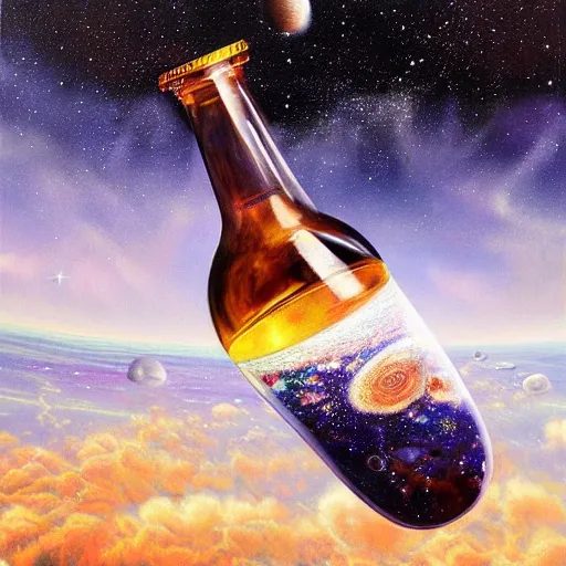 Image similar to a hyper realistic painting of the universe contained inside of a bottle floating in space