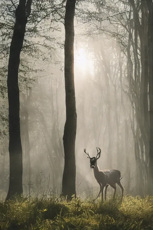 Image similar to a close up of a white - eyed deer, background of a landscape misty forest scene, the sun glistening through the trees