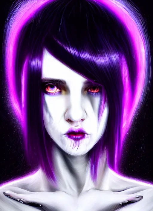 Image similar to hair whitebangs hair, black cyberlox, portrait of teenage girl with white bangs, whitebangsblackhair, messy bangs, cyberlox, whitebangs, red irises, purple clothes, intricate, elegant, glowing lights, highly detailed, digital painting, artstation, concept art, sharp focus, illustration, art by wlop, mars ravelo and greg rutkowski