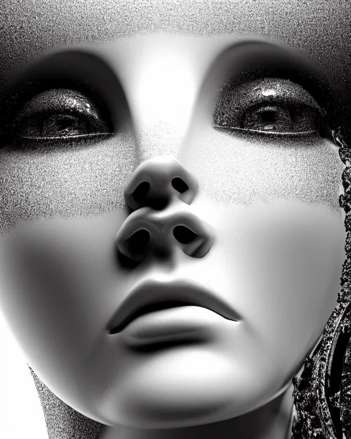 Image similar to mythical dreamy black and white organic translucent bio-mechanical spinal ribbed profile face portrait detail of icy mechanical beautiful female angelic-snow-cyborg, highly detailed, intricate crystal steampunk ornate, poetic, 3D render, digital art, octane render, 8K artistic photography, photo-realistic, by Dora Maar