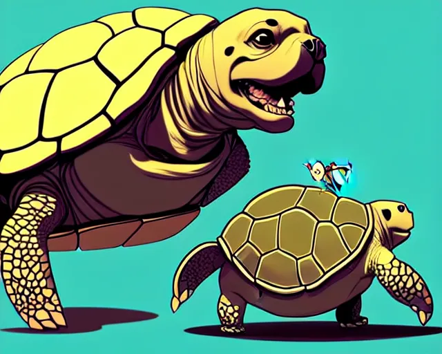 Image similar to cell shaded cartoon of an adorable turtle with a bulldog's head, concept art by josan gonzales and wlop, by james jean, victo ngai, david rubin, mike mignola, deviantart, art by artgem