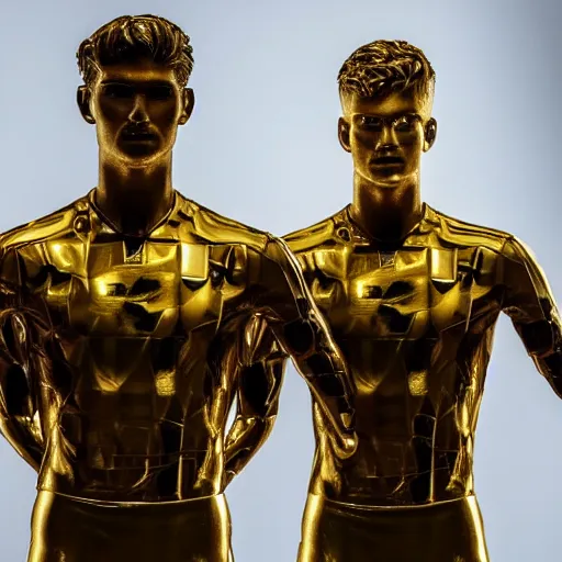 Image similar to a realistic detailed photo of a guy who is an attractive humanoid who is half robot and half humanoid, who is a male android, soccer players martin ødegaard & timo werner, shiny skin, posing like a statue, blank stare, in a museum, on display, showing off his muscles, gold soccer shorts, no jersey, side to side, statue