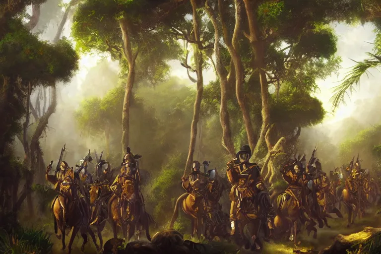 Image similar to oil painting of conquistadors marching through a magical jungle, dramatic shadowing, mysterious, adventurous, featured on artstation, highly detailed
