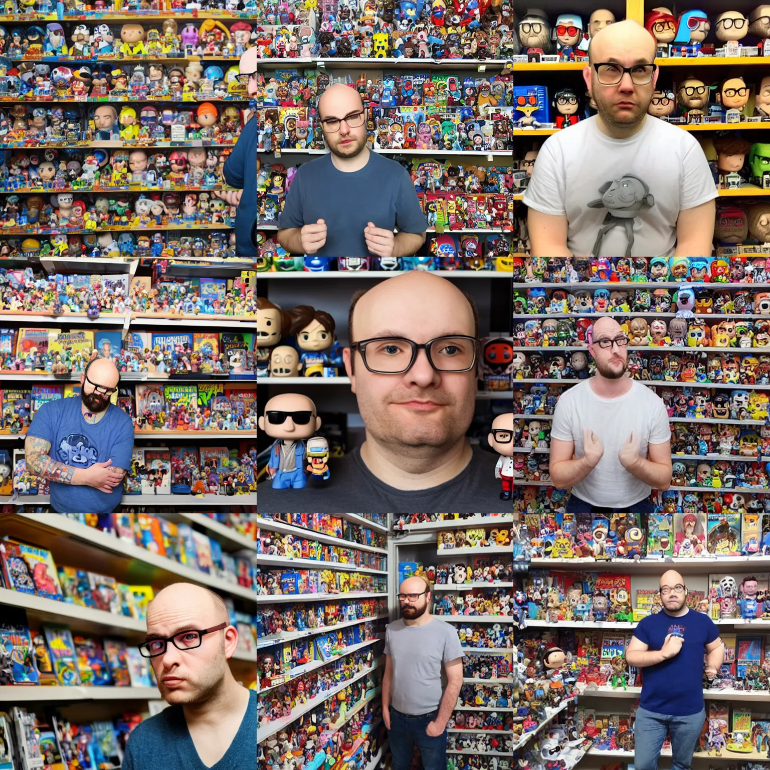 Prompt: a depressed nerdy balding guy sad in front of his collection of funko pop, realistic