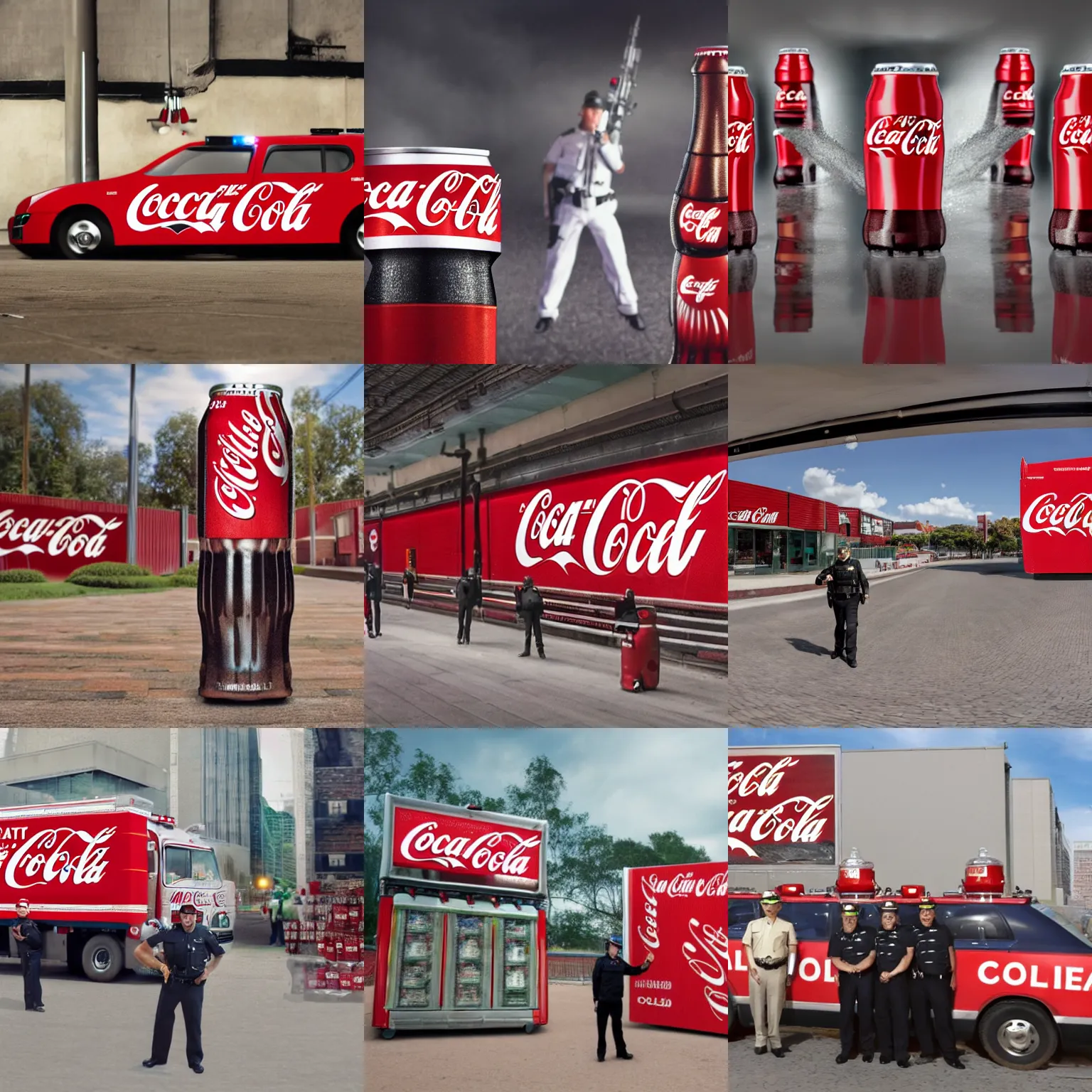 Prompt: Long shot photograph of the coca cola police, 4k, ultra HD