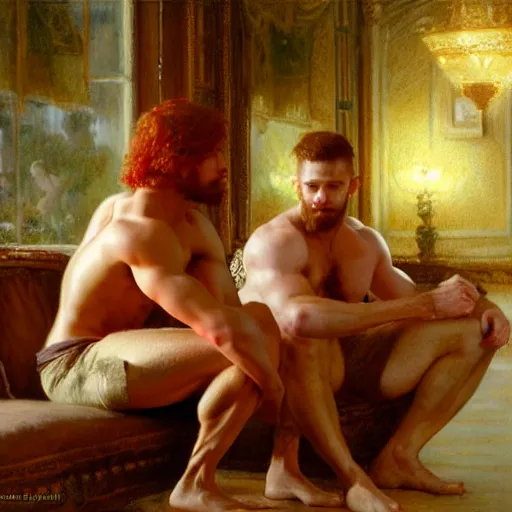 Prompt: attractive muscular mike with ginger hair with muscular attractive tyler with brunet hair, drinking their hearts out, in their noble mansion. very defined and highly detailed painting by gaston bussiere, craig mullins 8 k