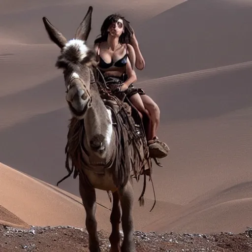 Prompt: a woman’s face and body. Woman is riding a donkey down a ravine in a post-apocalyptic desert. The woman is Penelope Cruz. Shot by Darren Aronofsky. Beautiful and epic. Incredible detail. Dark. 4K 8K