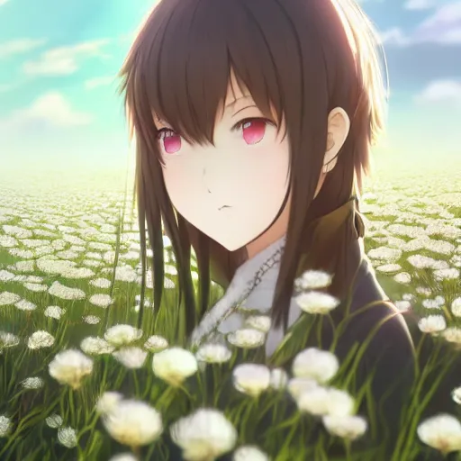 Image similar to portrait of the girl walking through the floss flower field, anime fantasy illustration by tomoyuki yamasaki, kyoto studio, madhouse, ufotable, square enix, cinematic lighting, trending on artstation