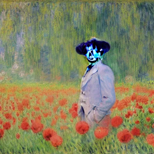 Prompt: Monet painting of Joker in a field of flowers,