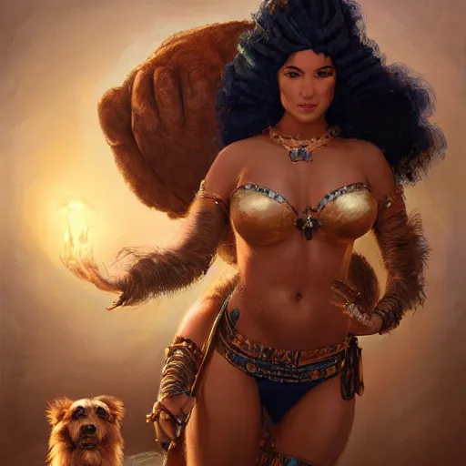 Image similar to Princess Dejah Thoris of Helium with Martian dog Woola, 4k oil on linen by wlop, artgerm, andrei riabovitchev, nuri iyem, james gurney, james jean, greg rutkowski, highly detailed, soft lighting 8k resolution